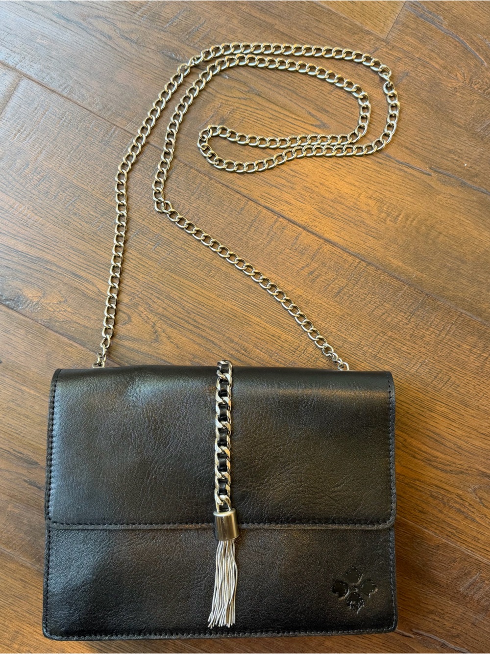 Patricia Nash Black Leather Chain Crossbody with Tassel